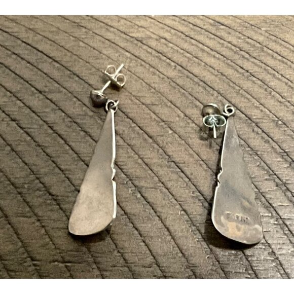 Southwest Turquoise Sterling Silver Earrings Stamped Overlay Dangle Pierced - Picture 2 of 3